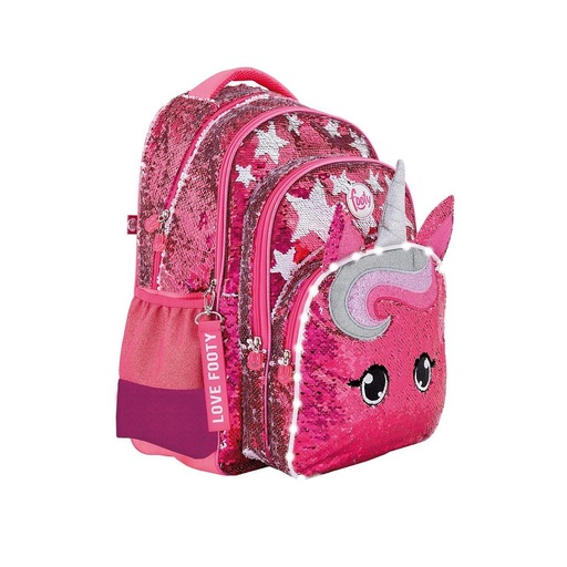 [f1323] Mochila Footy espalda 18" c/luz led y lentejuelas reversibles 