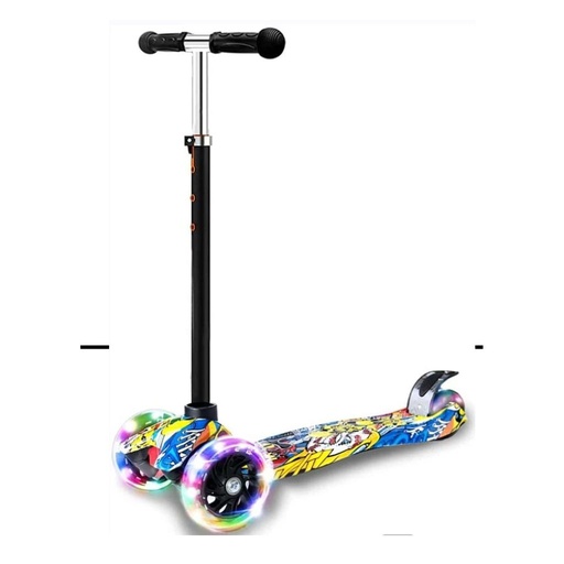 [HDL-717(WT)] Monopatin de 3 ruedas,  barra ajustable de aluminio, deck de plastico con transferencia de agua, ruedas delanteras de PU de 12 cm con luces, y rueda trasera de 8 cm, CM: 50 kg, tamaño: 53x25x75 cm, tamaño del deck: 59 x 13 cm